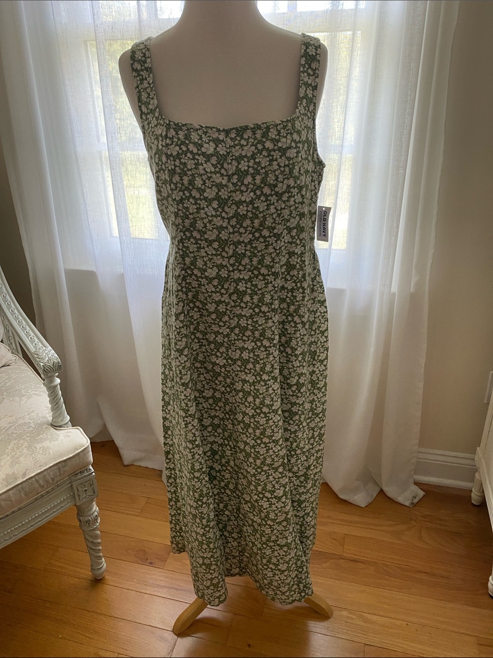 Old Navy Green Floral Midi Dress with Square Neck